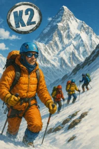 A person summit to k2 moutain in orange suit