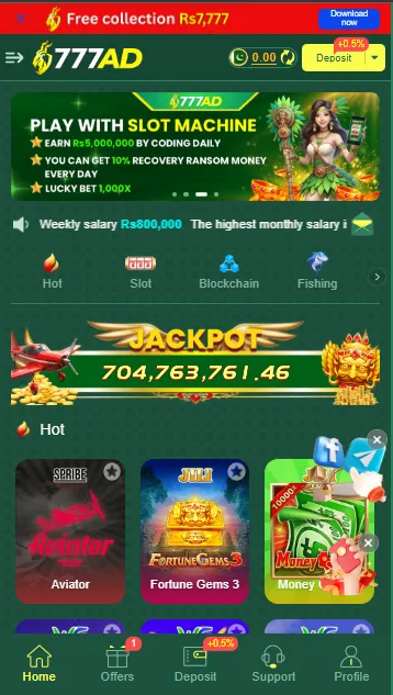 777ad homepage with variety of games to Play