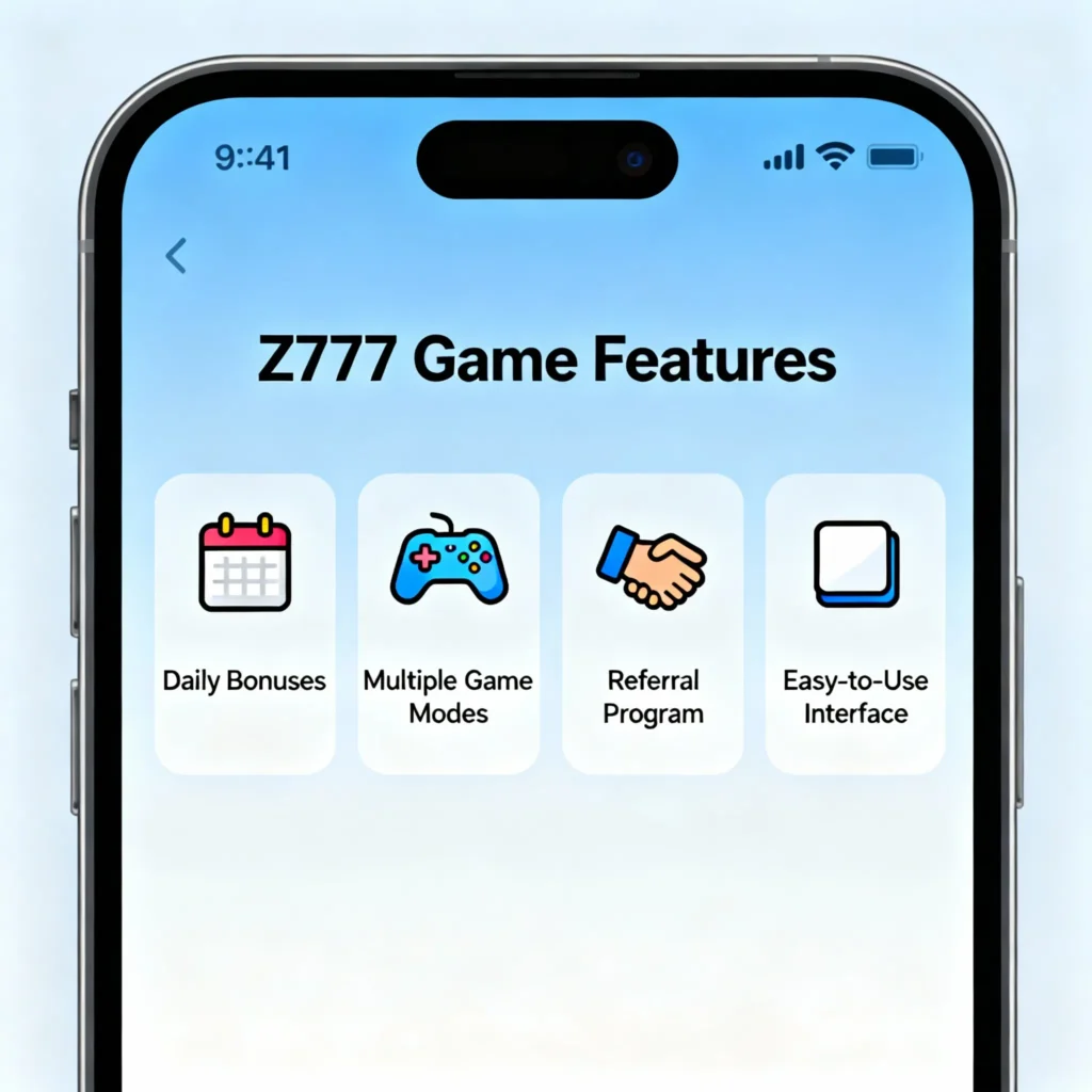 Z777 app features highlighted on mobile screen including bonuses and referral rewards
